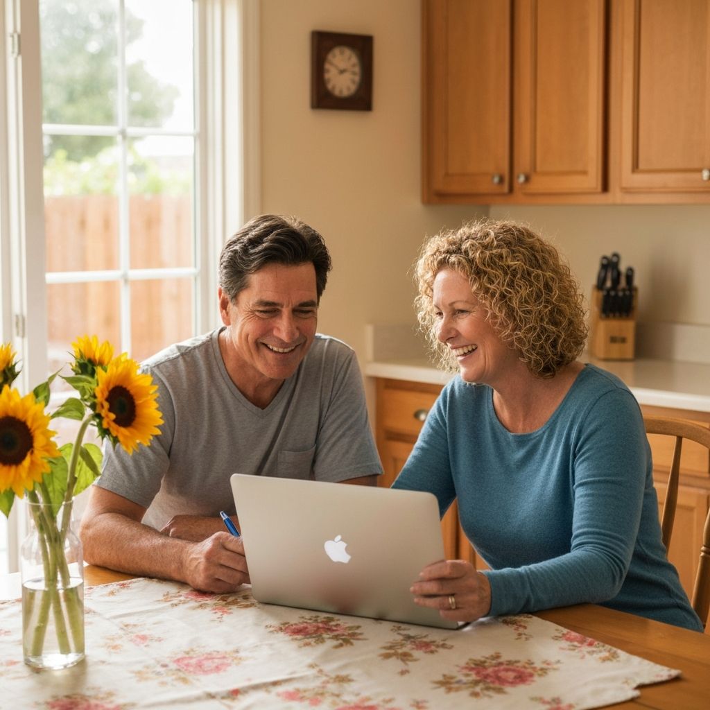 Homeowner couple reviewing pool contractor quotes on a laptop