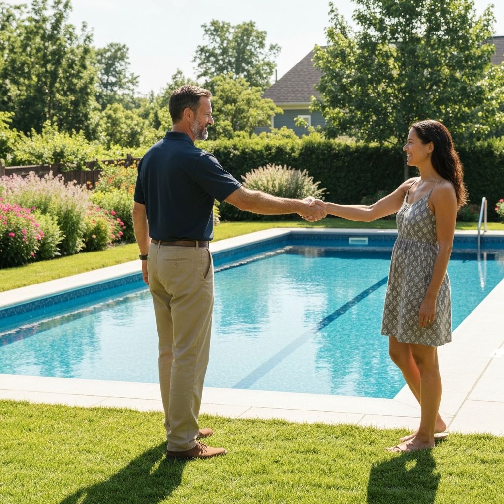 Pool contractor shaking hands with homeowner